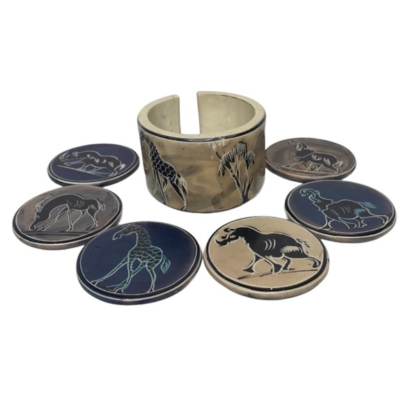 Hand Painted African Animal Stone Coasters Holder - Picture 2 of 14